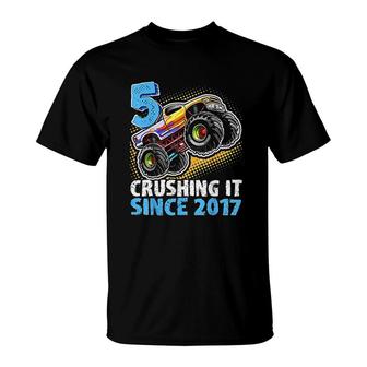 5 Crushing It Since 2017 Monster Truck 5th Birthday Boys T-Shirt - Seseable