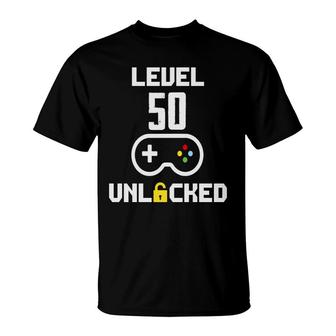 50Th Birthday Gift Level 50 Unlocked Gamer T-Shirt - Seseable