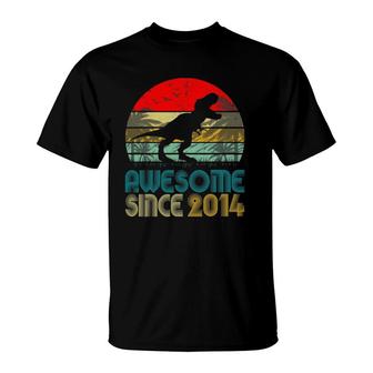 7Th Birthday Dinosaur Awesome Since 2014 Gifts 7 Years Old T-Shirt | Mazezy