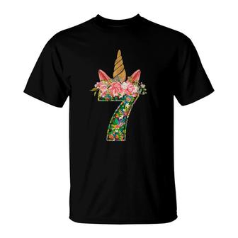 7Th Birthday Girl 7 Years Old Awesome Unicorn Flower Bday T-Shirt | Mazezy