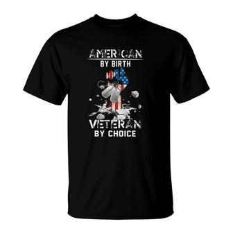 American By Birth Veteran By Choice Dog Tags Us Flag Raised Fist Breaking Stone T-Shirt | Mazezy