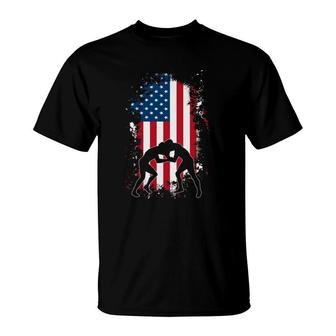American Flag Wrestling Tee Usa Wrestler Gift For Men Boys T-Shirt | Mazezy
