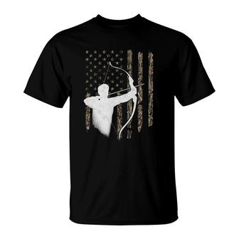 Archery Recurve Long Bow American Flag Camouflage T-Shirt | Mazezy