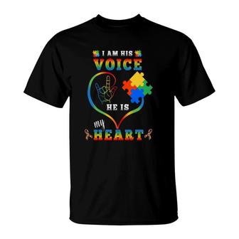 Autism Awareness Mom I Am His Voice He Is My Heart T-Shirt | Mazezy