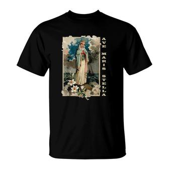 Ave Maris Stella Lady Blessed Mother Mary Latin Catholic Raglan Baseball Tee T-Shirt | Mazezy