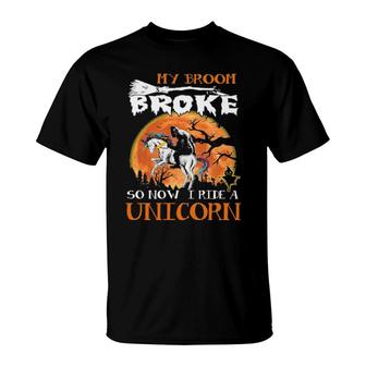 Bigfoot My Broom Broke So Now I Ride A Unicorn Halloween T-Shirt | Mazezy