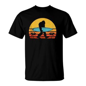 Bigfoot Retro Surfing Tropical Sasquatch Surf Cryptid T-Shirt | Mazezy
