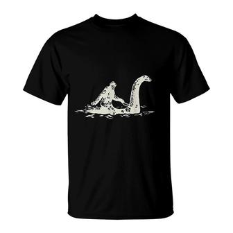 Bigfoot Riding The Loch Ness Monster Funny T-Shirt | Mazezy