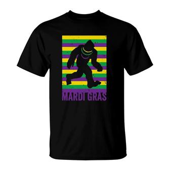 Bigfoot Sasquatch Mardi Gras Beads Fat Tuesday Festival T-Shirt | Mazezy