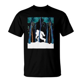 Bigfoot Silhouette Hiding In Forest Sasquatch Believer Gift T-Shirt | Mazezy