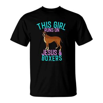 Boxer Dog - This Girl Runs On Jesus And Boxers T-Shirt | Mazezy
