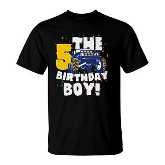 Boys 5 Years Old 5Th Birthday Boy Monster Truck Offroad Party T-Shirt | Mazezy