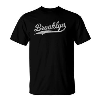 Brooklyn New York Retro Vintage Sports Script Flag Swoosh T-Shirt | Mazezy AU