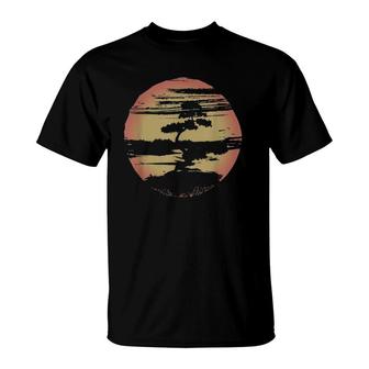 Buddhist Zen Graphic Japanese Bonsai Tree Color Sun T-Shirt | Mazezy