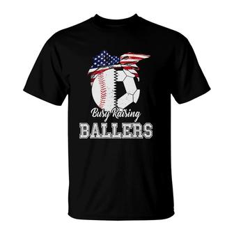 Busy Raising Ballers Baseball Soccer Mom Mother's Day T-Shirt | Mazezy