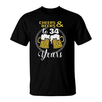 Cheers And Beers To 34 Years Birthday Celebration Gift T-Shirt | Mazezy