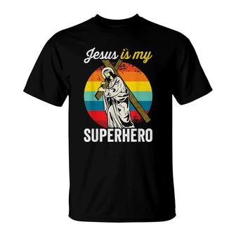 Christian Retro Sunset Jesus Is My Superhero T-Shirt | Mazezy