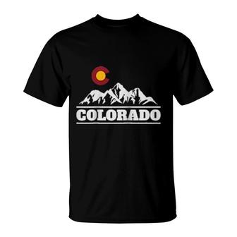 Colorado Flag Mountains Hiking Mountain Skiing T-Shirt | Mazezy