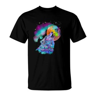 Colorful Rainbow Psychedelic Trippy Howling At Moon Wolf T-Shirt | Mazezy
