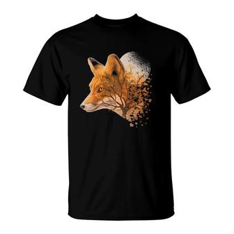 Cool Red Fox Tree Night Moon T-Shirt | Mazezy