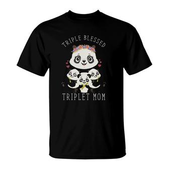 Cute Mother's Day Gift For Triplet Mother Blessed Mom Panda T-Shirt | Mazezy