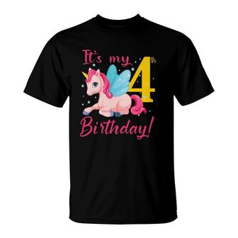Cute Unicorn It's My 4Th Birthday For Kids Girls T-Shirt | Mazezy