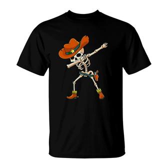Dabbing Skeleton Cowboy Hat Sheriff Halloween Dab Boys Kids T-Shirt | Mazezy