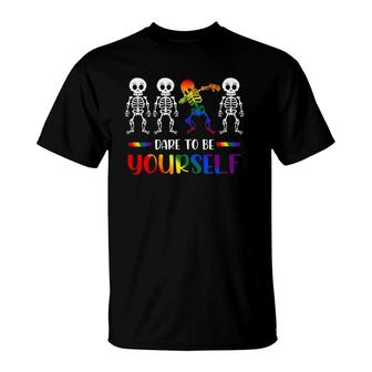 Dare To Be Yourself Cute Lgbt Pride Gift Dabbing Skeleton T-Shirt | Mazezy
