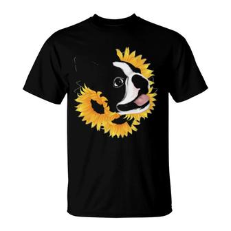 Dog Boston Terrier Sunflower150 Paws T-Shirt | Mazezy