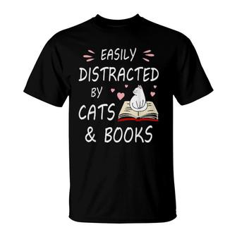 Easily Distracted By Cats And Books Cute Cat & Book T-Shirt | Mazezy