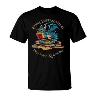 Easily Distracted By Dragons And Books Nerd Dragon T-Shirt | Mazezy