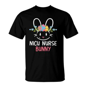 Eggs Flowers Bunny Face Happy Easter Day Nicu Nurse Bunny T-Shirt | Mazezy