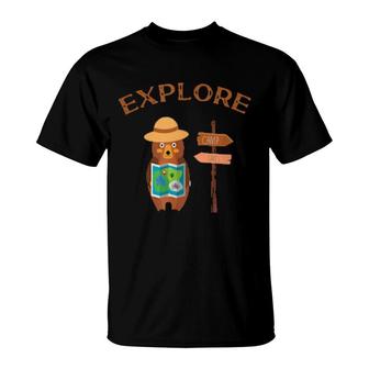 Explorer Backpacking Hiking Bear With Map,Camping And Hiking T-Shirt | Mazezy