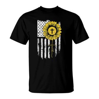 Faith Sunflower Cross Jesus Flag American Usa Christian  T-Shirt