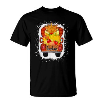 Fall Autumn Pumpkin Truck Thankful Teacher Thanksgiving T-Shirt | Mazezy