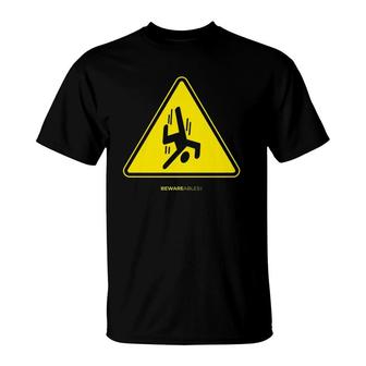 Falling Guy Funny Sign Warning Yellow Triangle T-Shirt | Mazezy