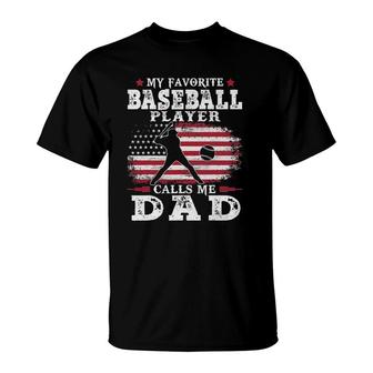 Favorite Baseball Player Calls Me Dad Usa Flag Father's Day T-Shirt | Mazezy DE
