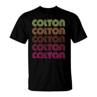 First Name Colton Funky Retro Vintage Disco Design T-Shirt | Mazezy