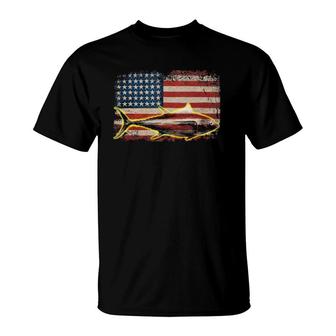 Fishing Gift Yellowfin Tuna 4Th Of July Usa American Flag T-Shirt | Mazezy