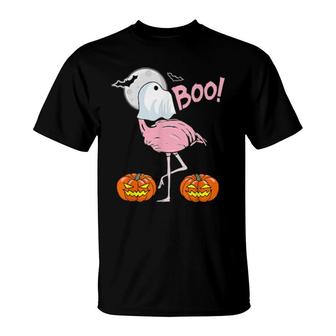 Flamingo Ghost Boo Pink Sunset Retro Halloween Bird Animal T-Shirt | Mazezy