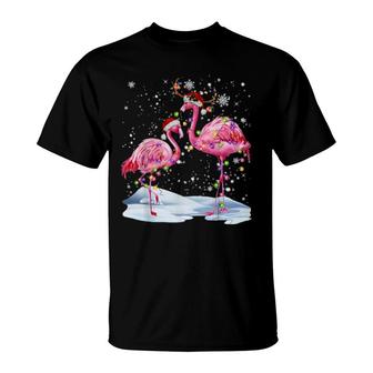 Flamingo Reindeer Santa Hat Christmas Light Christmas T-Shirt | Mazezy