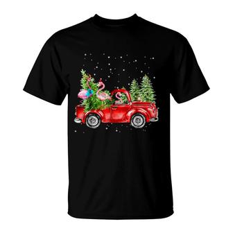 Flamingo Riding Christmas Tree Truck Flamingo Christmas T-Shirt | Mazezy