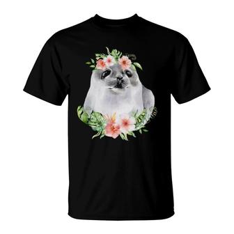 Floral Harp Seal With Tropical Hawaii Flowers Baby Sea Lion T-Shirt | Mazezy