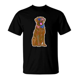 Fox Red Labrador Retriever Wearing Usa Flag Glasses Bandanna T-Shirt | Mazezy