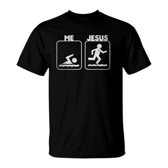 Fun Jesus Lifeguard Walks On Water Swimming Christian Humor T-Shirt | Mazezy