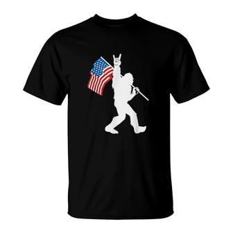 Funny Bigfoot Rock And Roll Usa Flag For Sasquatch Believers T-Shirt | Mazezy