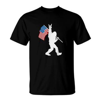 Funny Bigfoot Rock And Roll Usa Flag For Sasquatch Believers T-Shirt | Mazezy