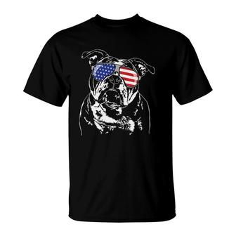 Funny Proud Old English Bulldog American Flag Sunglasses T-Shirt | Mazezy