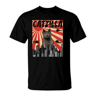Funny Retro Japanese Catzilla Chartreux Cat T-Shirt | Mazezy