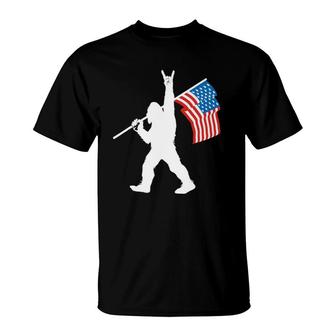 Funny Sasquatch Rock And Roll Usa Flag For Bigfoot Believers T-Shirt | Mazezy